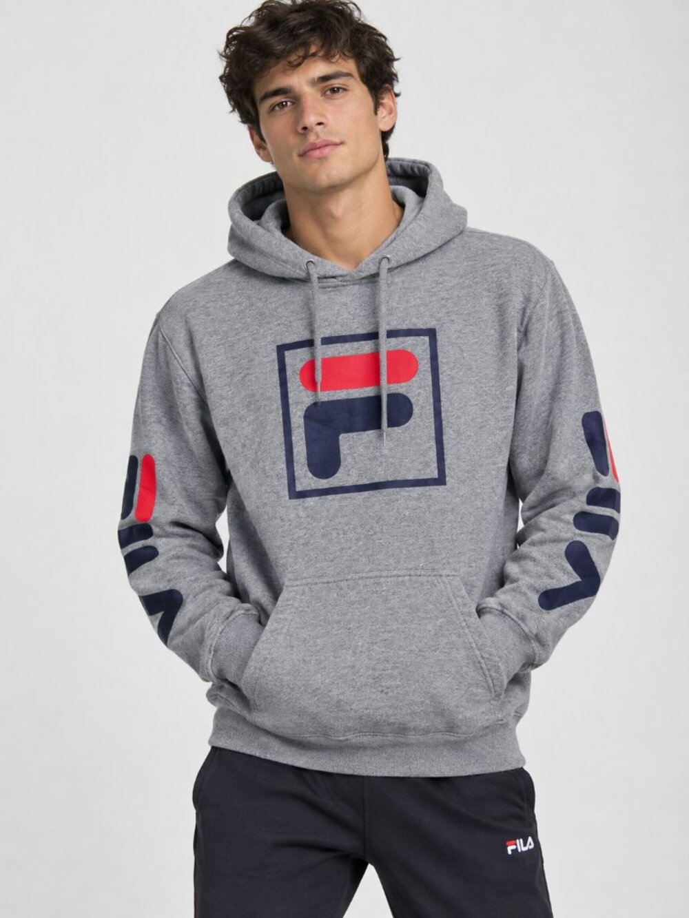 FILA Gray Graphic Logo Hoodie Sweatshirt Men's Medium M Red Navy Pullover